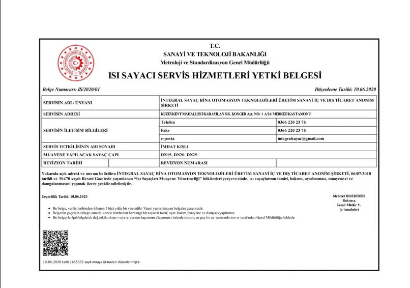 Isı Sayacı Servis Hizmetleri Yetki Belgesi