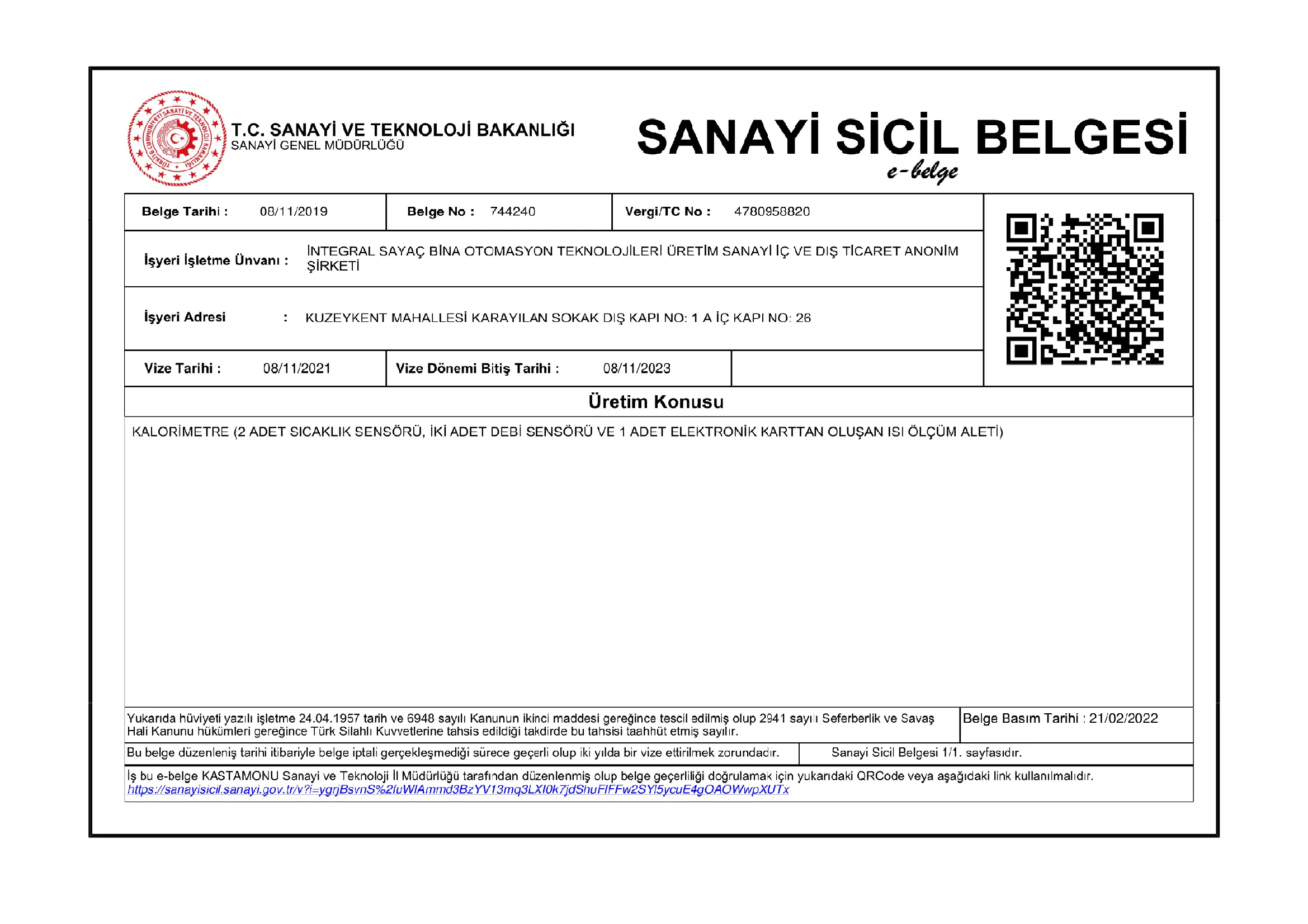 Sanayi ve Sicil Belgesi
